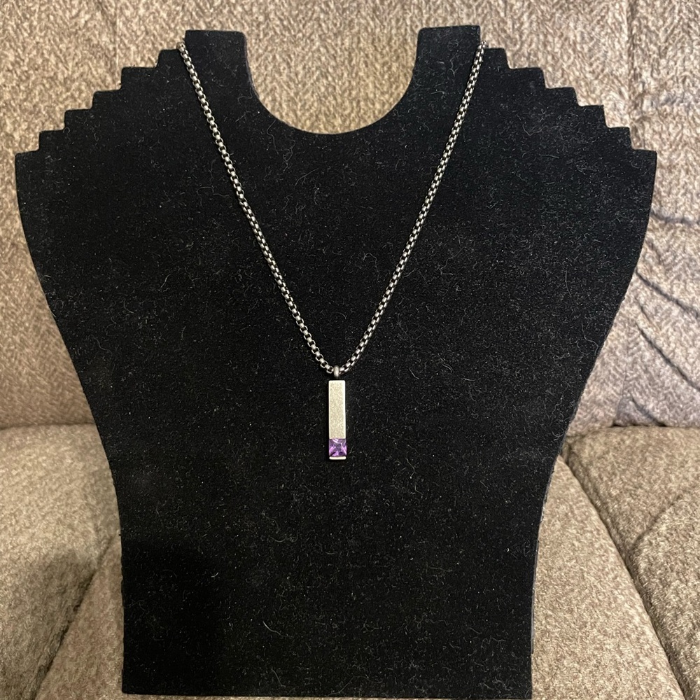 Elegant Stainless Steel Necklace with Amethyst CZ Pendant.